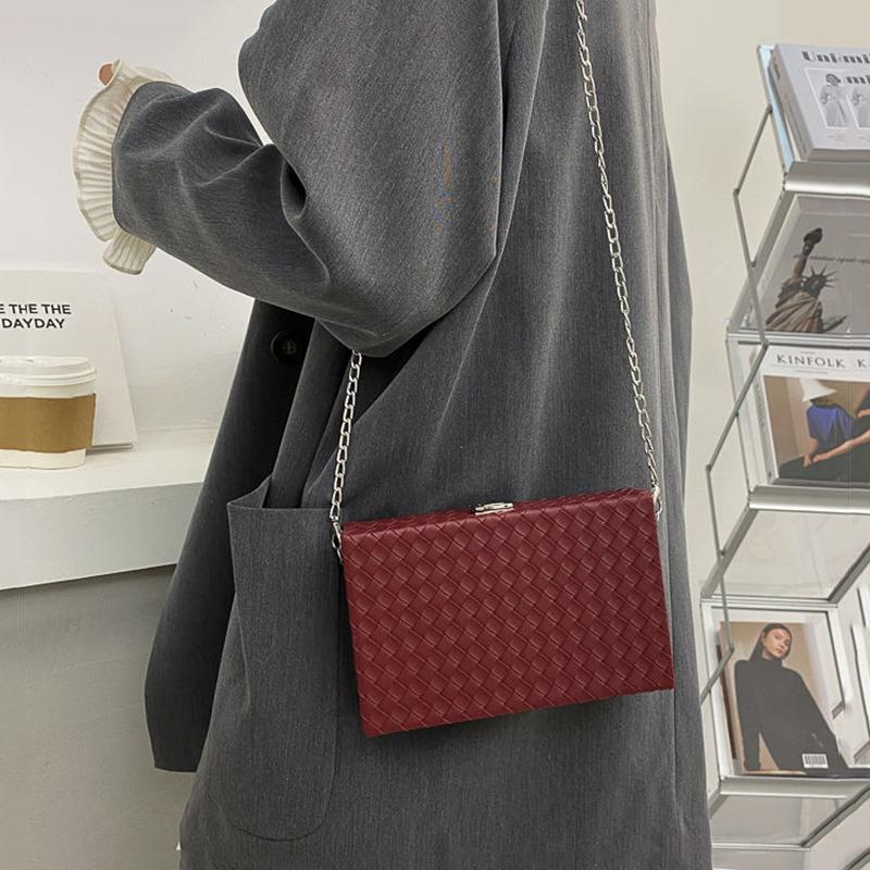 Women Box Bag Print Casual Clutch Purse Shoulder Crossbody Bags Weave Pattern Metal Chain Pu Leather