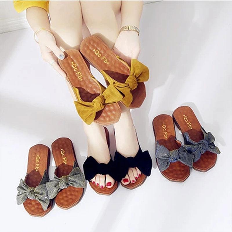 Women's Sandals and Slippers Summer Bows Outer Wear Beach Shoes Flat-bottomed Home Shoes Pregnant Women's Slippers Casual Shoes