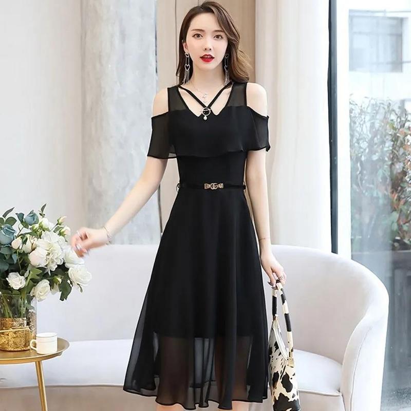 Chiffon Dress Women's Waist Slimming Temperament Strapless Mid-length Skirt A-line Skirt Slimming Chiffon Large Size Dress Mid-length Chiffon Skirt