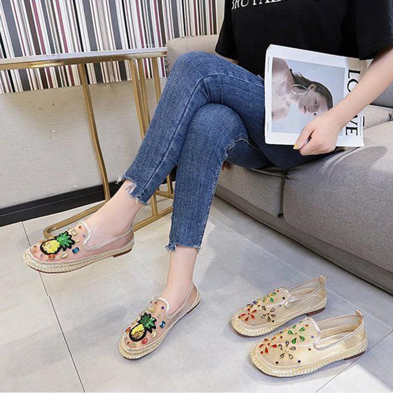 Mesh Flat-bottomed Sandals, Women's Summer Colored Diamond Embroidery, No Heel Lazy Fisherman Shoes