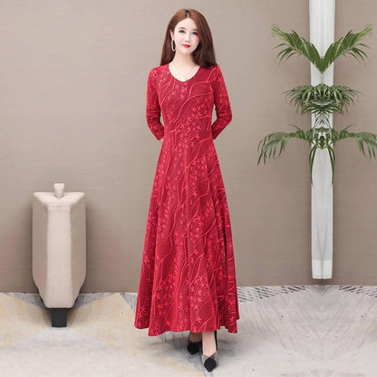 Fashion Women Prairie Chic Floral Print Dress Long Sleeve Standing Collar A-line Dress