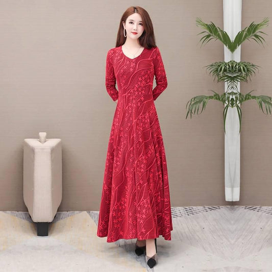 Fashion Women Prairie Chic Floral Print Dress Long Sleeve Standing Collar A-line Dress