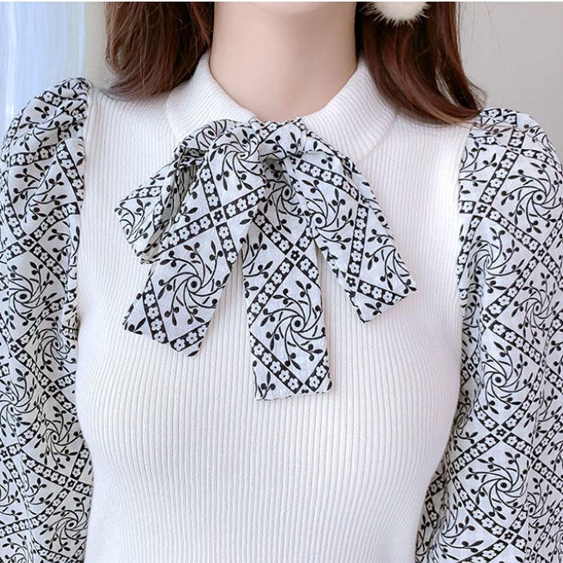 Women's Autumn and Winter Long-sleeved Dress Puff Sleeve Mid-length Floral Dress Knit Bottoming Bow Dress