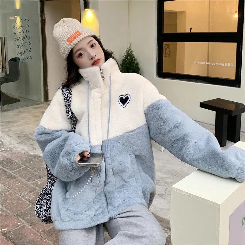 Women's Winter Lamb Wool Coat Lazy Wind Girl's Loose Cotton Coat Thick Plush Stitching Sweater Casual Warm Cotton Clothes Home Clothes Oversized Coat