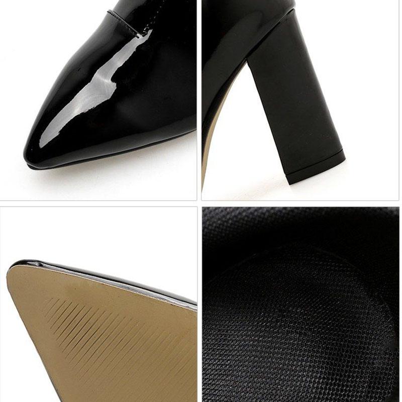 Thick-heeled Ankle Boots Women's Autumn Winter Pointed High-heeled Ankle Boot Silver Bright Leather Zipper Plus Velvet Martin Boots