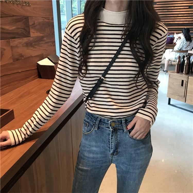 Pofulove Wear Half-high Collar Striped Long-sleeved Knitted Bottoming Shirt Sweater Top Women Winter