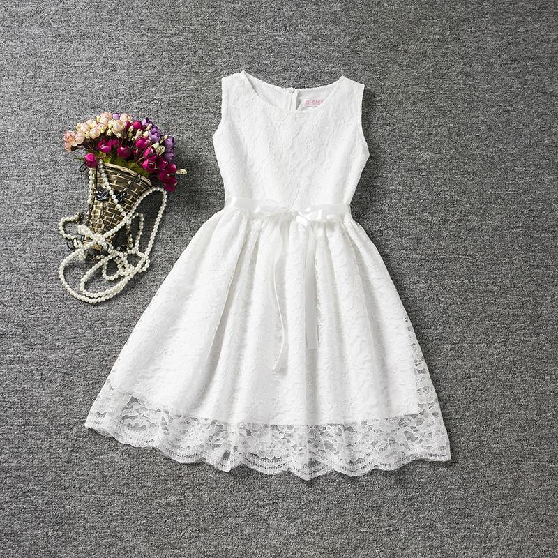 Girl Sleeveless Lace Dress Summer Tutu Skirt Hollow Out Casual Party Gowns Waistband Mini Dresses