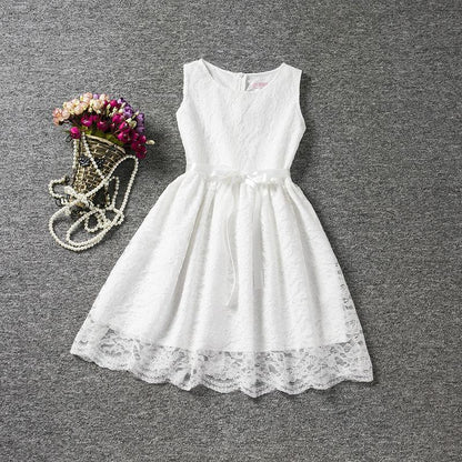 Girl Sleeveless Lace Dress Summer Tutu Skirt Hollow Out Casual Party Gowns Waistband Mini Dresses