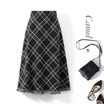 Ladies Long Knitted Skirt Autumn Winter Women's Fringed Plaid Umbrella Skirt High Waist A-line Big Swing Skirt