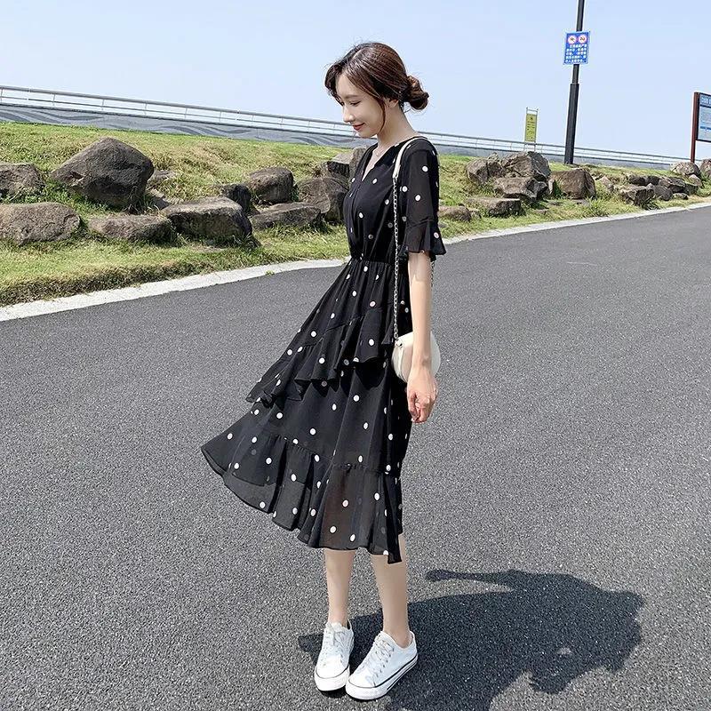 Ruffle Polka Dot Chiffon Dress Women's Short Trumpet Sleeve V-Neck Knee-length Daily Dating Party Office Wear