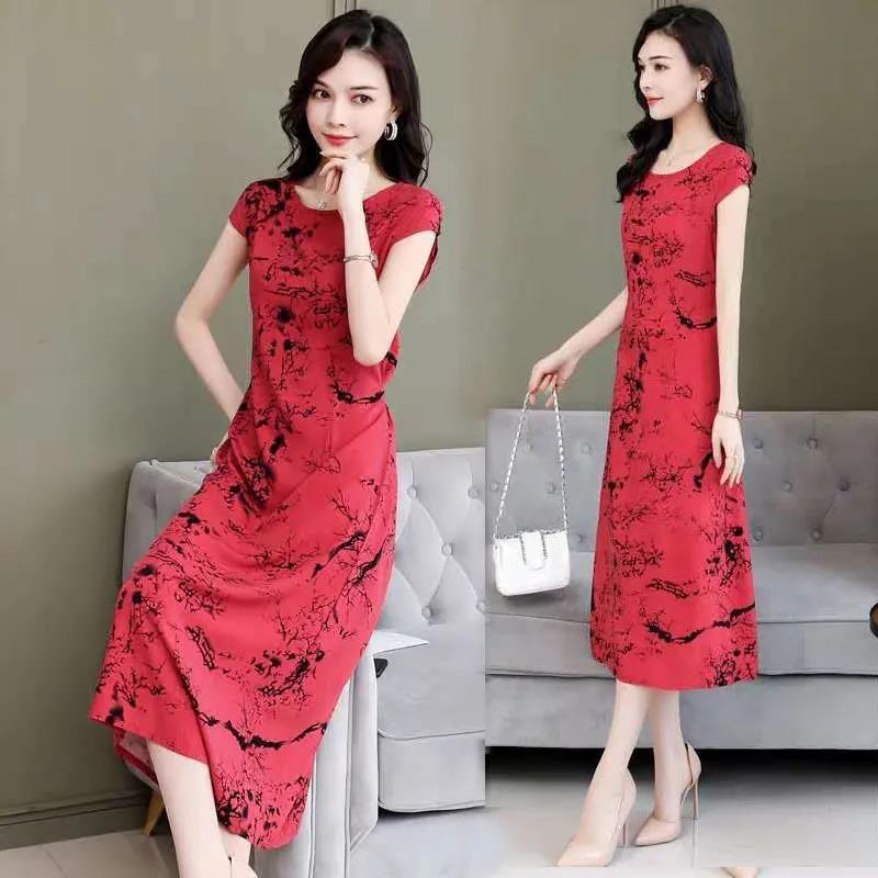 Women's Floral Round Neck Summer Short Sleeve Midi Dress  Large Loose Dress