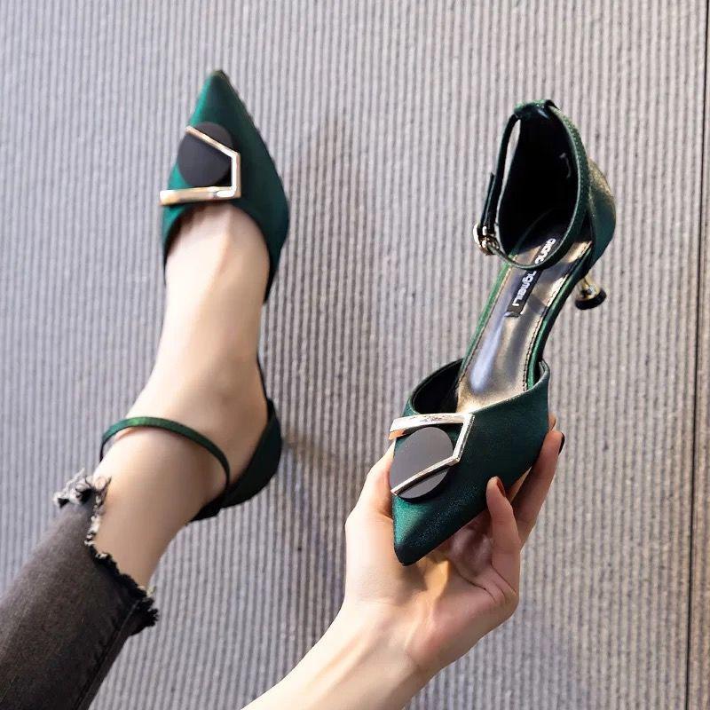 3cm Low Heel Single Shoes Women Stiletto Heel Shoes Temperament Green High Heels Women Pointed Hollow Shoes Women
