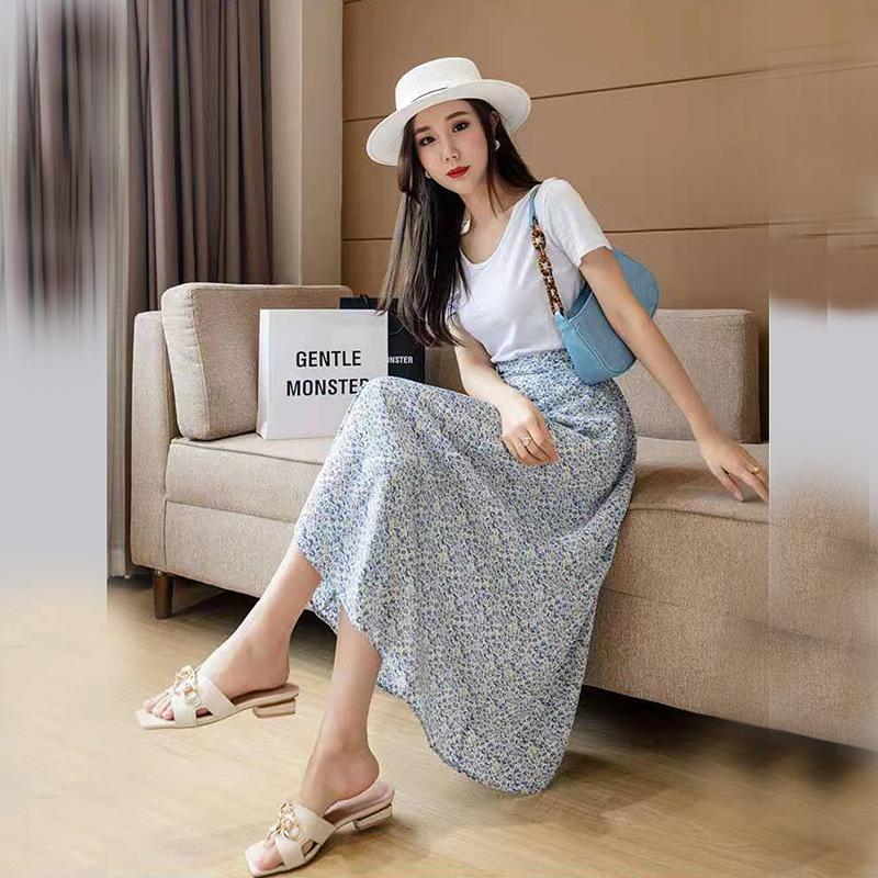 Women's Chiffon Floral Skirt Summer  High Waist Mid-length A-line Draping Fairy Dress