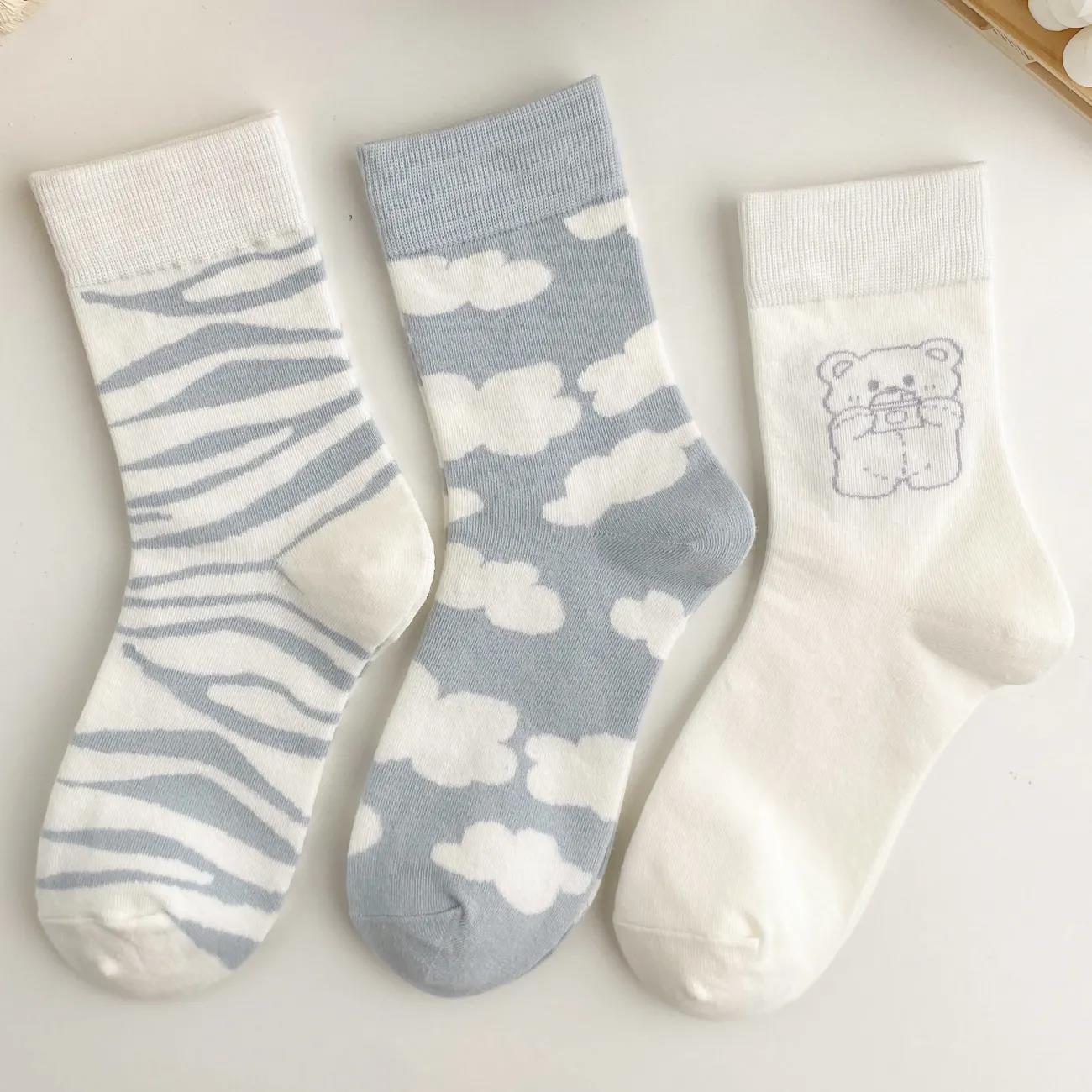 Three Pairs of Women's Tube Socks Pure Cotton Blue Couple Socks Blue College Style Socks
