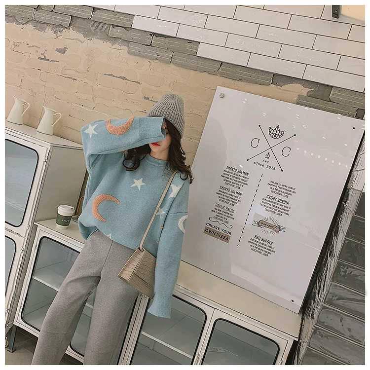 Stars and Moon Jacquard Sweater Women's Loose Round Neck Long Sleeved Knitted Sweater
