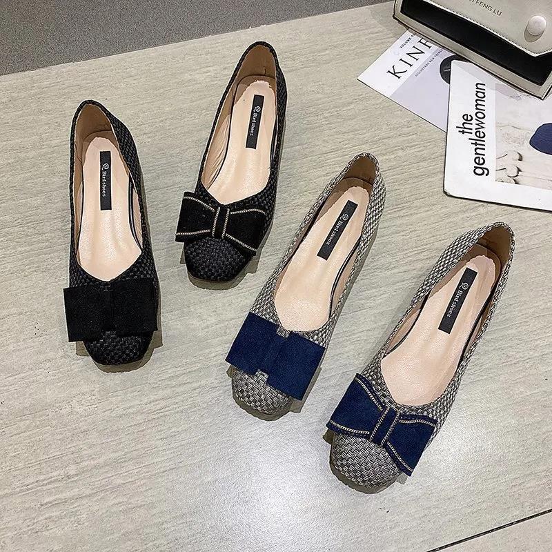 Bowknot Soft Sole Thick Heel Shoes Women Spring Korean Style Square Toe Woven Low-heeled Women's Shoes
