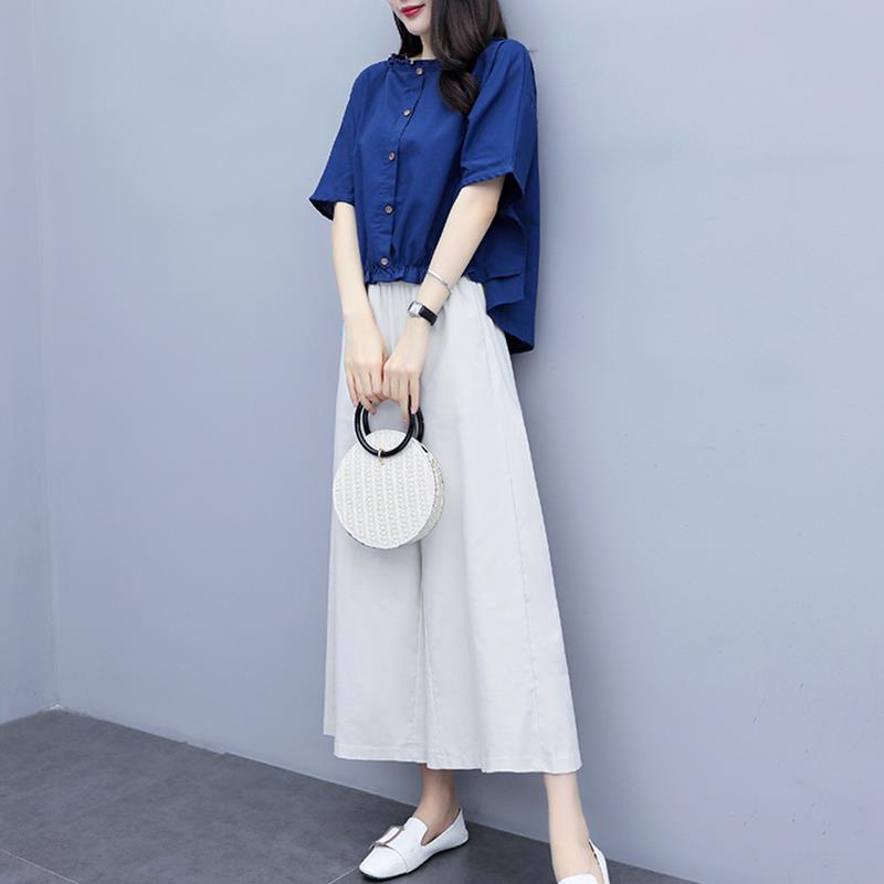 Cotton and Linen Large Size Loose Round Neck Short-sleeved Shirt Casual Wide-leg Pants Two-piece Fabric Lightweight Breathable Large Size Ladies Suit