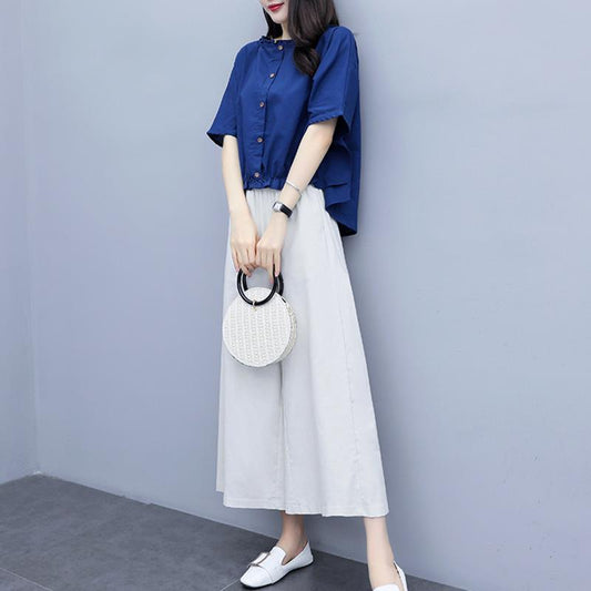 Cotton and Linen Large Size Loose Round Neck Short-sleeved Shirt Casual Wide-leg Pants Two-piece Fabric Lightweight Breathable Large Size Ladies Suit