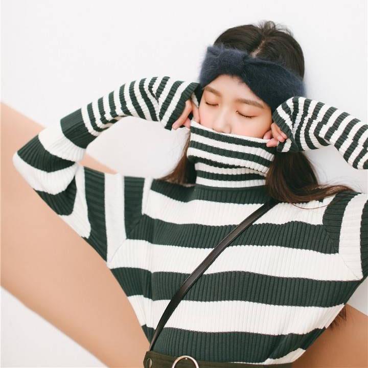 Turtleneck Bottoming Shirt Long-sleeved Slim Pullover Black and White Striped Short Sweater