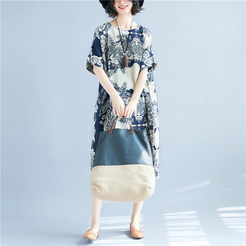 WTEMPO Plus Size Cotton and linen Flower Printing Women Dress Summer Short Sleeve Round Neck Long Dress Casual Mid-calf Length
