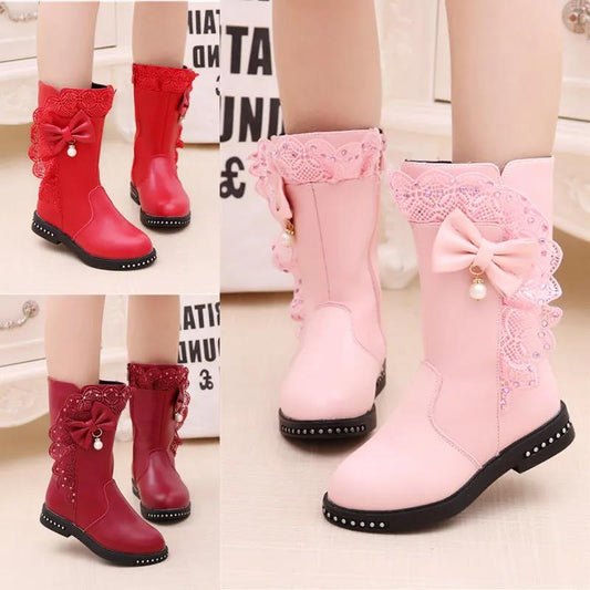 Girls' Boots Autumn Winter Korean Children's Single Boots Big Boys and Little Girls Boots Plus Velvet Princess Boots