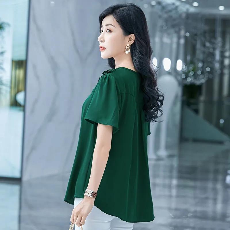Large Size Short-sleeved Top Women's Round Neck Fungus Edge Collar Loose Thin Shirt Solid Color Chiffon Shirts Button Up Casual All Match Blouses Top