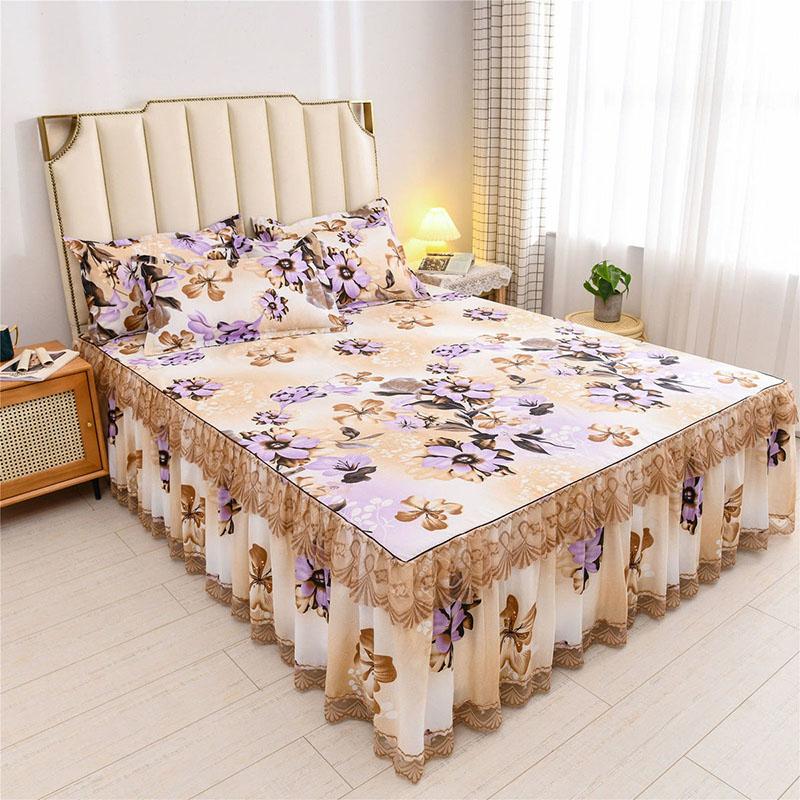 3pcs/set Princess Style Sheets Korean Queen-size Bed Skirt Printed Sheets Simmons Protective Cover