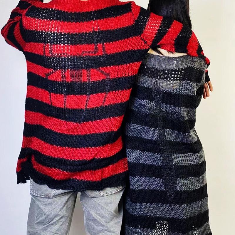 Punk Gothic Long Sweater Dress Plus Size Hollow Out Hole Destroy Pullover Jumper New Oversized Hip Hop Harajuku Striped Sweaters Hip Hop Streetwear