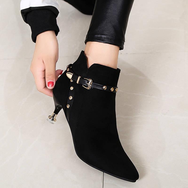 Autumn Winter Thick with High-heeled Ankle Boots Women Plus Velvet Pointed Short Boots Martin Boots