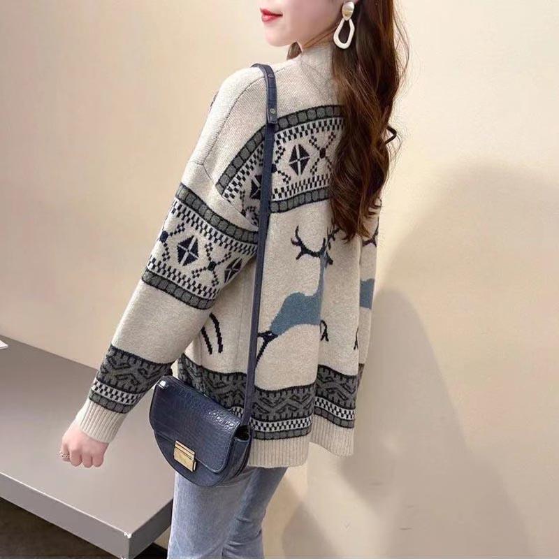 Sweater Coat Women's Spring Retro Ethnic Style Fawn Loose and Lazy Style Knitted Cardigan