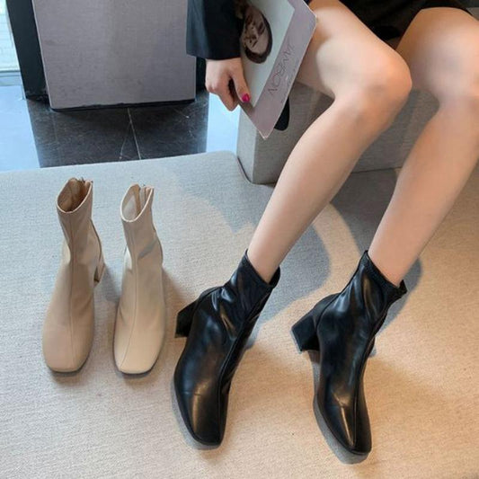 Martin Boots Female British Style Spring  Autumn Single Boots Square Toe Thick Heel High Heels Short Boots