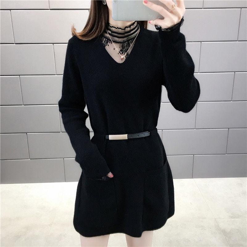 Autumn and Winter Fake Two-piece Mid-length Sweater Women Loose Waist Bottoming Sweater Skirt Lace Collar