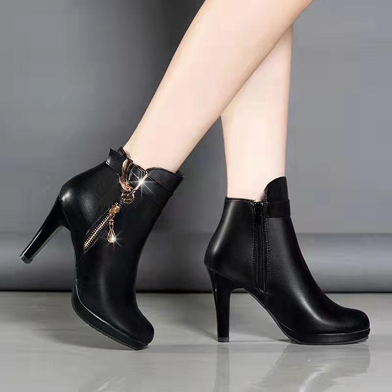 Outdooor Women High Heel Shoes Short Tube Boot Leather Zipper Solid Color Round Toe Shoe