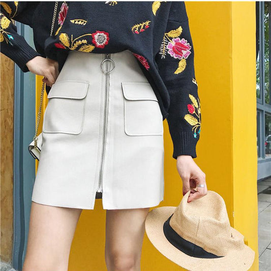 2020 Early Spring Women's New Wholesale High Waist Pocket Zipper PU Leather Skirt High Quality
