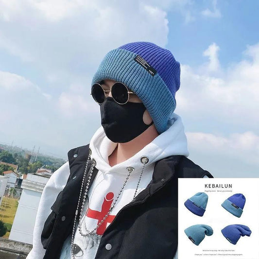 Double-sided Woolen Hat Men's Winter Thickened Warm Knitted Hat Korean Fashion Labeling Big Head Hooded Knitted Hat