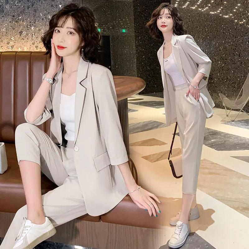 2PCS Women's Solid Color Suits Set Ladies Suit Thin Jacket + Loose Casual Pants Two-piece  Spring and Autumn Large Size Fat Girl Slimming Suit