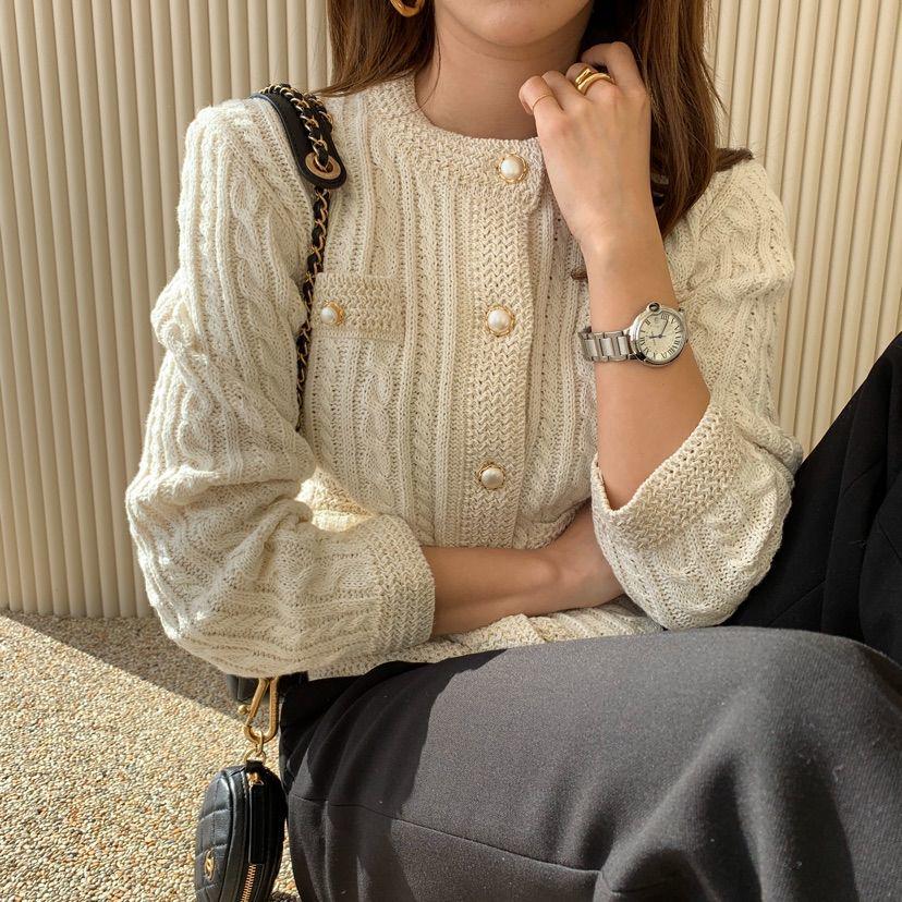 Women's Short Knitted Cardigan Autumn Winter Solid Color Sweater Coat Women's Pearl Button Twist Knit Top Cardigan Sweaters with Pockets