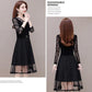 Spring and Summer Black V-neck Lace Stitching Dress Mesh Large Size Waist Skirt A-line Dress Covering Belly Mid Skirt