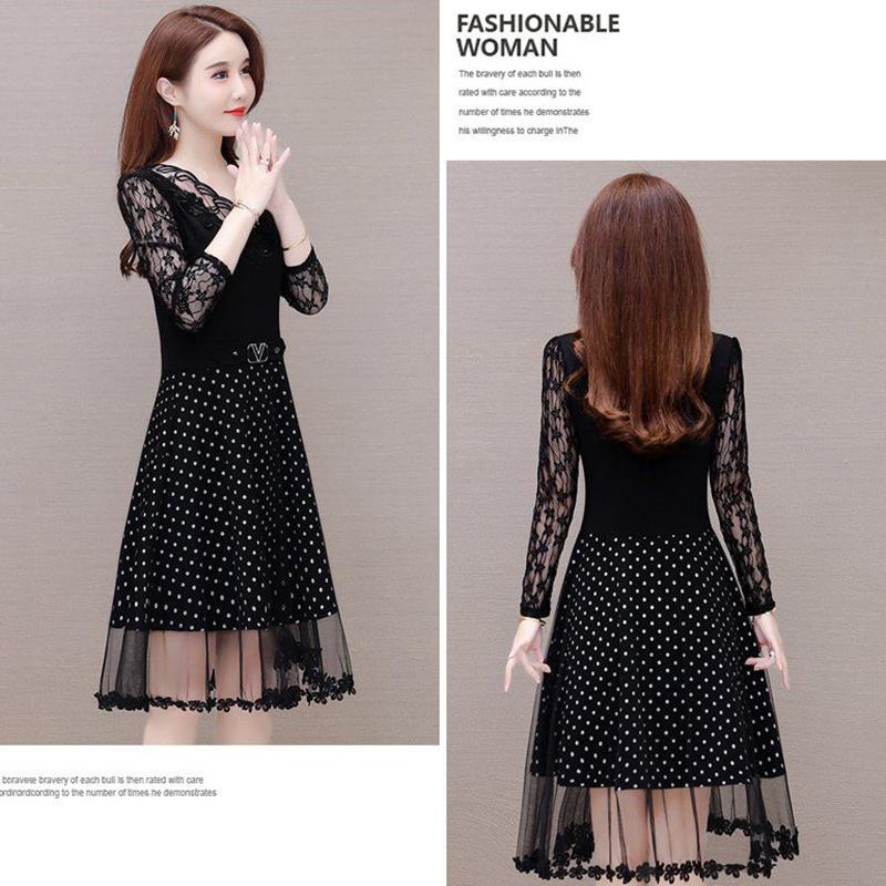 Spring and Summer Black V-neck Lace Stitching Dress Mesh Large Size Waist Skirt A-line Dress Covering Belly Mid Skirt