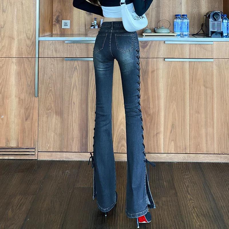 High Waist Slit Strap Jeans Women's New Korean Style Design Retro High Street Niche Micro-flare Trousers