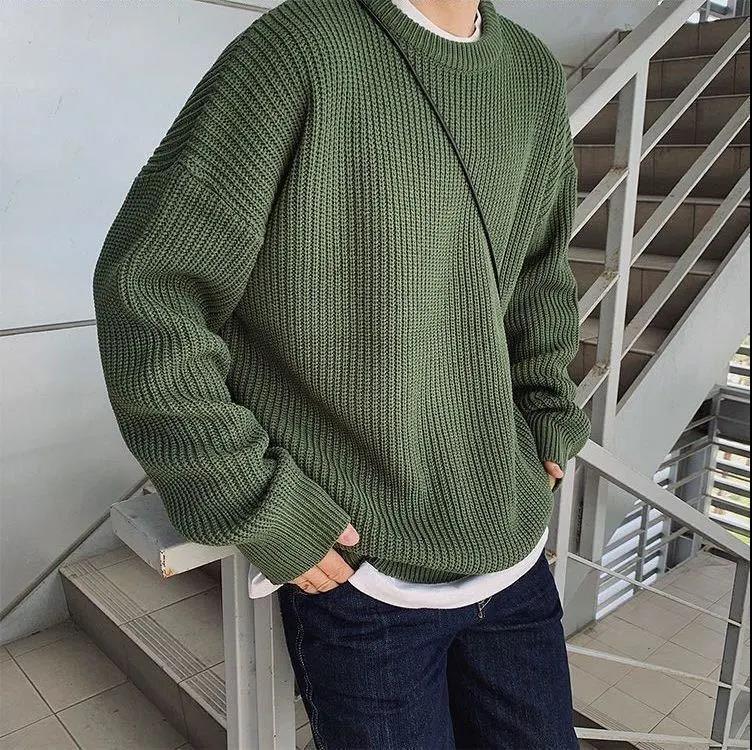 Round Neck Sweater Men Fall and Winter with A Pullover Base Sweater Loose Plus Velvet Thick Trend Top