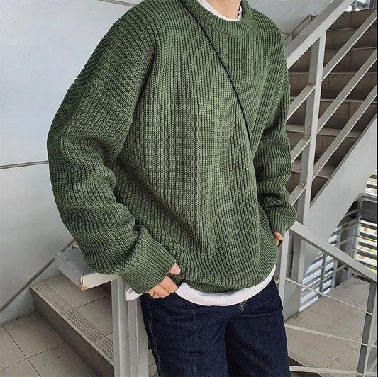 Round Neck Sweater Men Fall and Winter with A Pullover Base Sweater Loose Plus Velvet Thick Trend Top
