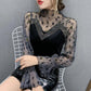Mesh Stitching Sexy Perspective Women's Top Fashion Lace Letter Print Bottoming Shirt