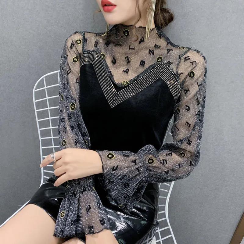 Mesh Stitching Sexy Perspective Women's Top Fashion Lace Letter Print Bottoming Shirt