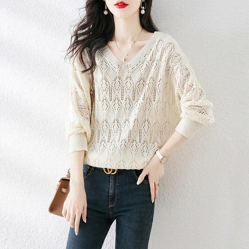Sweater Women's Pullover Knitwear Korean V-neck Solid Color Casual Fluffy Hollow Top Trending Sweater Spring Autumn Lady Style
