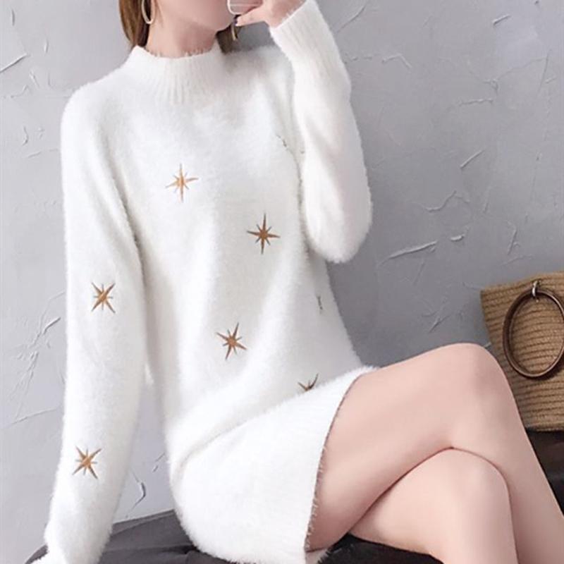 Mid-length Sweater Women's Pullover Autumn  Winter Loose Long Imitation Mink Velvet Bottoming Shirt  Outer Wear