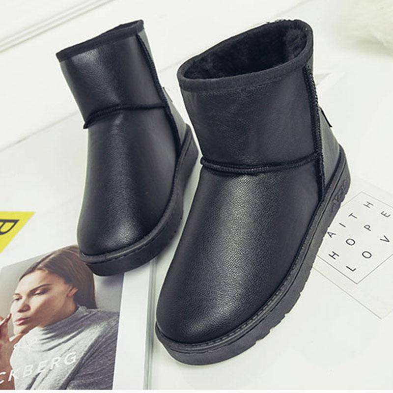 Women Snow Boots Pu Leather Ankle Boots Flat Bottom Waterproof Non-slip Plus Velvet Snow Boots Woman Shoes Large Size 36-40