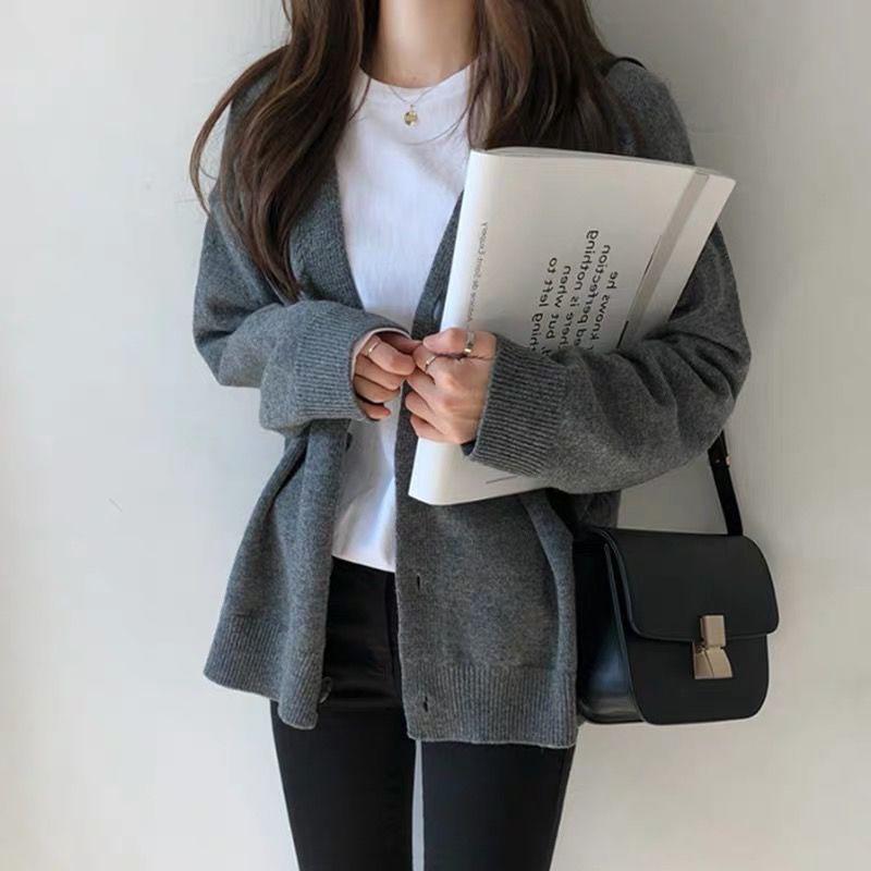 Spring and Autumn Fashion Top Loose V-neck Jacket Cardigan Simple Female Student Sweater