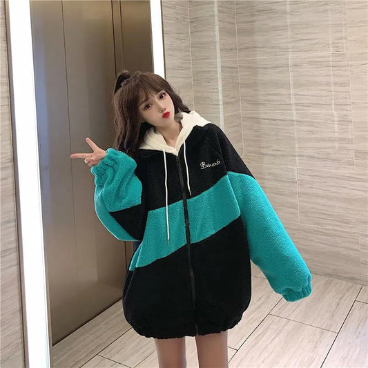 Autumn and Winter Stand-collar Lamb Velvet Jacket Winter Female Plus Velvet Thickening Student Campus Wind Casual Korean Jacket