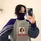 Women Turtleneck Thicker Plus Velvet Warm Harajuku Printed Pullovers Patchwork Chic Sweatshirts